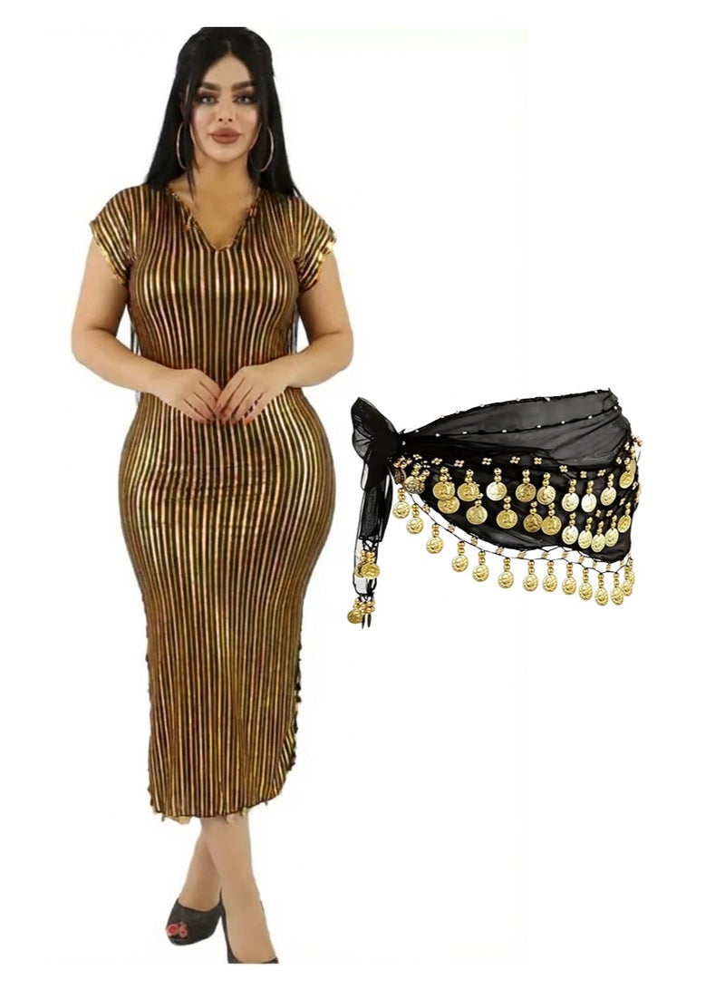 Hand-made Oriental belly dance outfit smooth comfortable movement, belly dance costume for parties traditional Lebanese Turkish Egyptian jalabiya, galabeya (Size XL with Long Hip Scarf) - Image 1